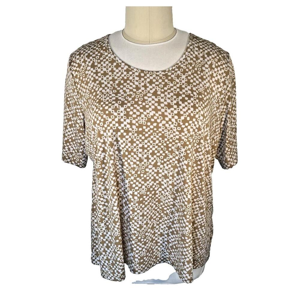 Susan Graver - Women's 3X Blouse Tan White Stretch Scoop Neck Shutter Short Slve
